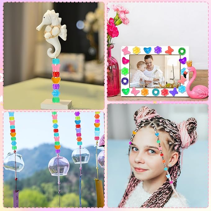 UPINS 1200 Pcs Colored Shaped Pony Beads - Mixed Perforated Assorted Heart Flower Star Butterfly Beads for Jewelry Making Friendship Bracelets Necklace Craft Hair Beaded