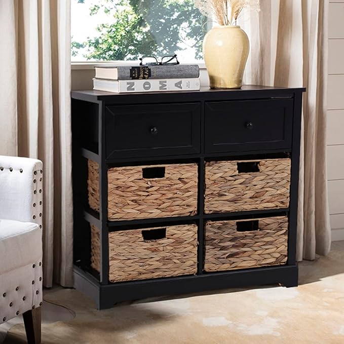 PHI VILLA Black Storage Cabinet with Baskets, Accent Chest for Bedroom Cabinet with Drawers Rattan Cabinet End Table