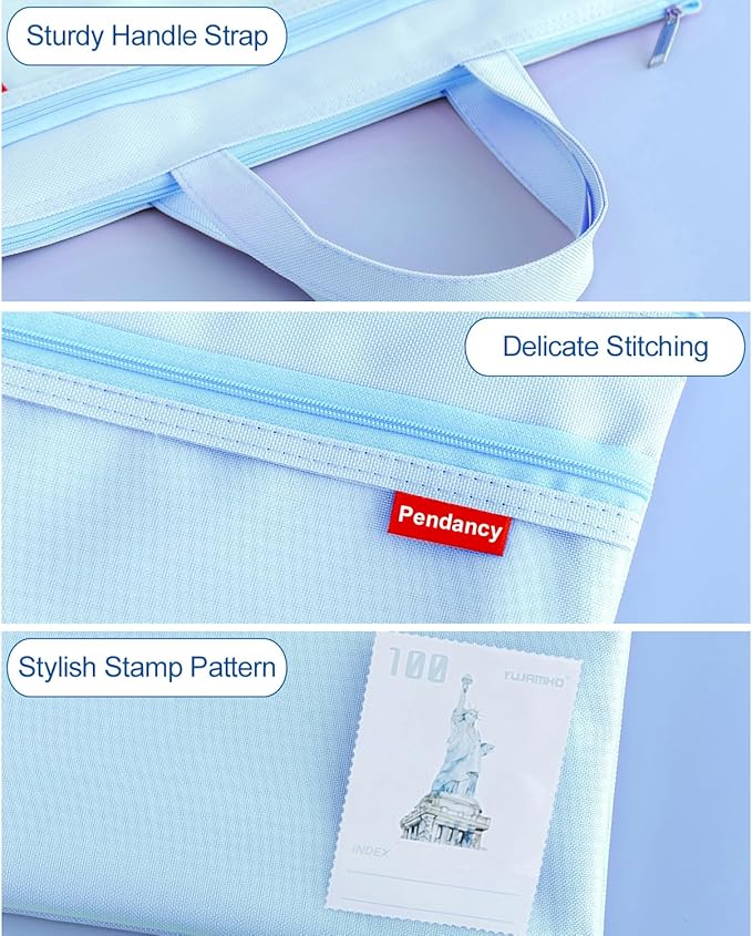 Pendancy Mesh Zipper Pouch 11x13.7 in, Large Double Pocket Waterproof File Bag with Handle, A4 Size Foldable Document Storage for Puzzle Project/Cross Stitch/Travel/Office（Blue）
