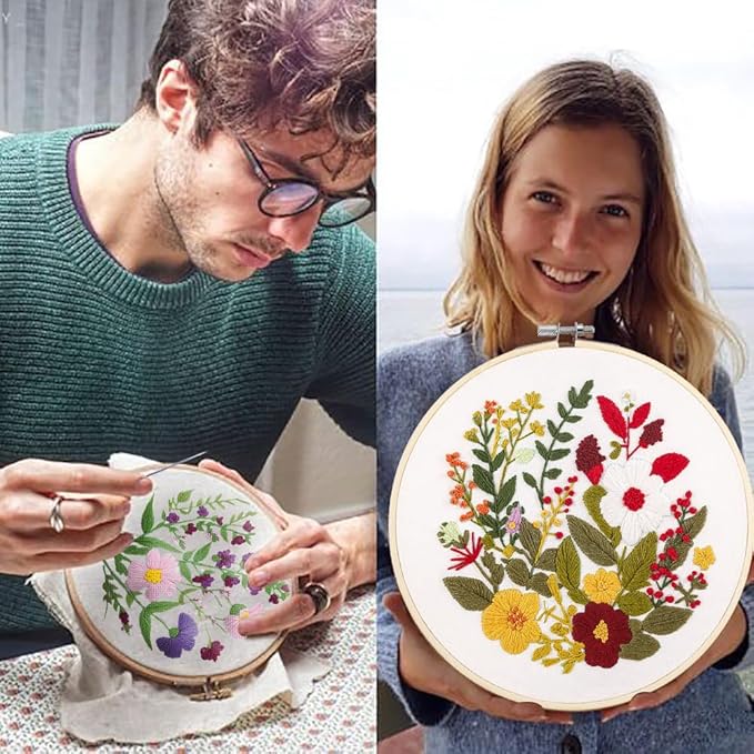 SevFan 4 Sets Embroidery Kit for Beginners Adults,Needlepoint Kits for Adults with Easy Stamped Floral Pattern Fabric Hand Crafts,Bamboo Hoop,Needle,Cloth,Embroidery Kit for Decor Home Room (flower-3)