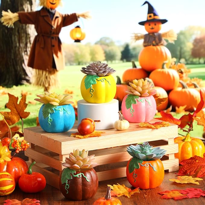 Pasimy 6 Set DIY Ceramic Succulent Planter Pots Paint Your Own Flower Pots Craft Kit Unpainted Bisque Paintable Flowerpot with Brush Palette Ready to Paint for Family Activity Gift(Pumpkin)