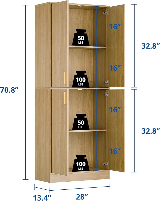 Cozy Castle Kitchen Pantry Cabinet, 71" Tall Wood Storage Cabinet with Doors and Shelves 4 Doors Freestanding Cupboard for Dining Room Living Room Bathroom Furniture, Oak