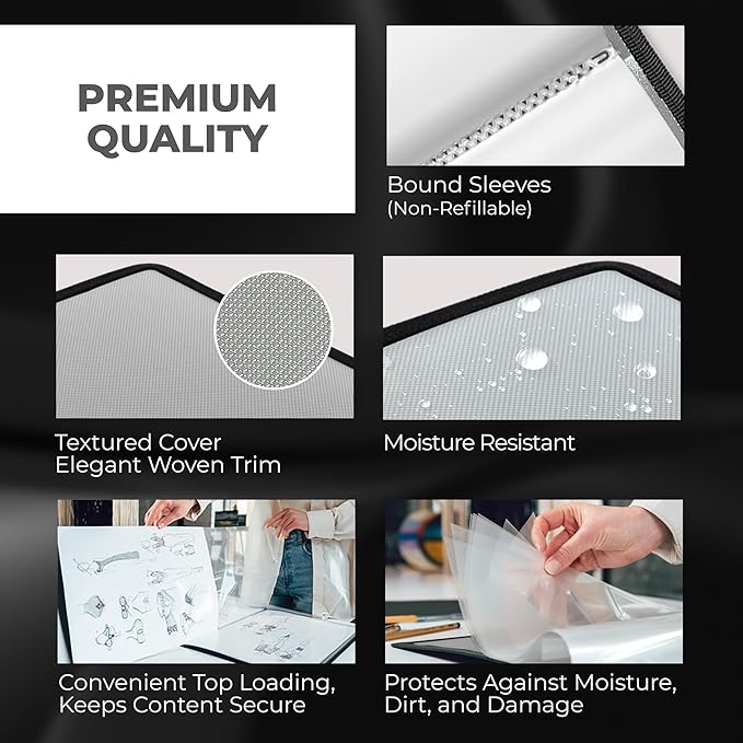 Dunwell 12x18 Art Portfolio Binder with Mounting Paper (Silver), Large Portfolio Folder for Artwork Storage, 24 Clear Sleeves Display 48 Pages, Acid-Free Poly 12 x 18 Presentation Book