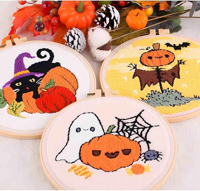 DCCQ Punch Needle Kits Adults Beginner，Cute Cartoon Pumpkin Pattern with Hoop Embroidery Punch Needle Starter Craft Set Easy for Adults，Children and Halloween Gifts、Decoration