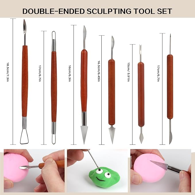 17Pcs Clay Sculpting Tools, Basic Clay Tools Kit, Polymer Clay Tools with Wooden Handles & Tool Bag, Practical Air Dry Clay Tools for Dotting, Carving, Molding, Pottery Kit for Adults Kids