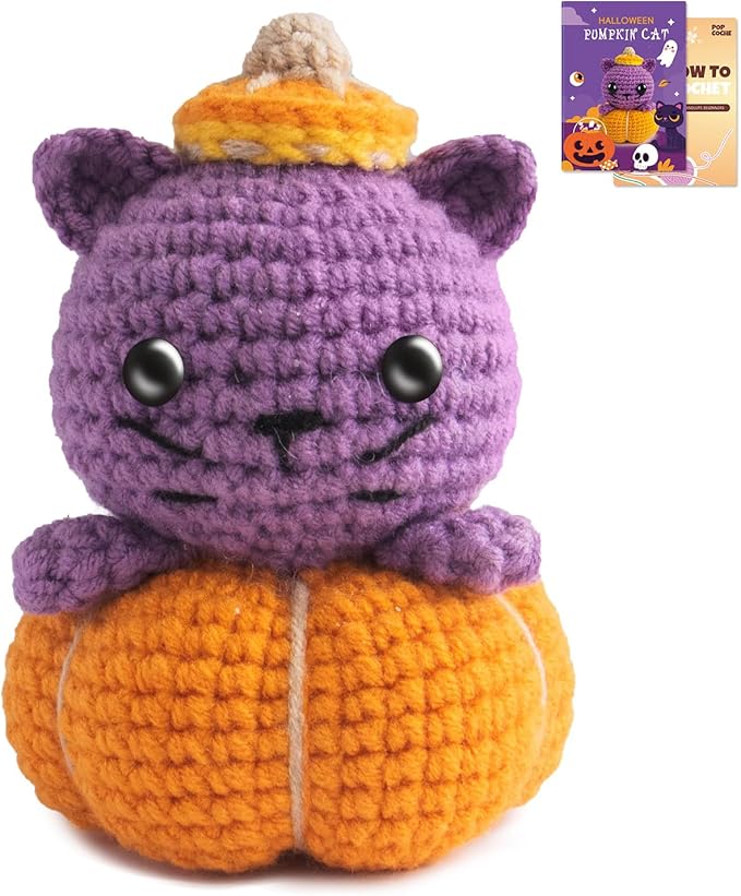 POP COCHE Halloween Crochet Kit for Beginners, Crochet Starter Kits for Adults, Amigurumi Craft Knitting Crochet Animal Kit with Step-by-Step Video Tutorials, Pumpkin Cat (40%+ Yarn)