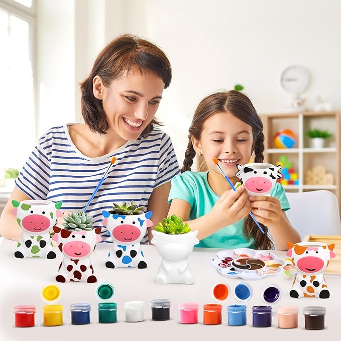 Pasimy 6 Set DIY Ceramic Succulent Planter Pots Paint Your Own Flower Pots Craft Kit Unpainted Bisque Paintable Flowerpot with Brush Palette Ready to Paint for Family Activity Gift(Cow)