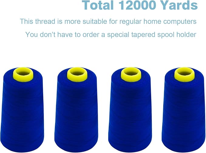 Blue Serger Thread, All-Purpose Thread for Sewing, Polyester, 4 Cones of 3000 Yards Each Spool for Sewing Machine