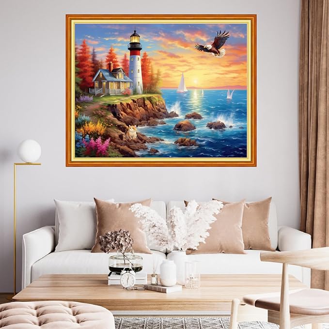 Findvoor Stamped Cross Stitch Kits for Beginner Embroidery Kits for Beginners Adults DIY 11CT Cross Stitch Patterns Needlepoint Kits Crossstitching Kits-Seaside Lighthouse 16x20 inch