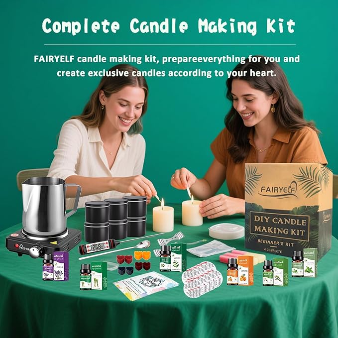 FAIRYELF Candle Making Kit with Wax Melter, Complete Candle Making Supplies, Soy Candle Wax Kit for Kids, Beginners, Adults, Including Electronic Stove, Soy Wax, Melting Pot, Rich Scents and Dyes