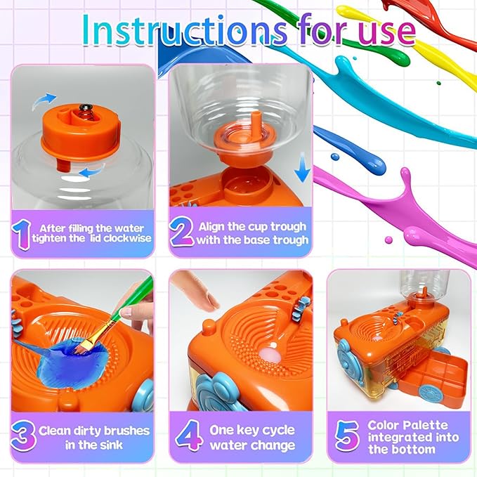 Paint Brush Cleaner with Paint Tray, Water Circulation Brush Rinser with Brush Holder, Watercolor/Oil and Water-Based Paint Brush Cleaner Tool, 400ml Capacity, Train Design, Gift for Artist Beginners