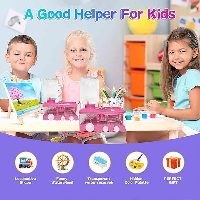 Paint Brush Cleaner with Paint Tray, Water Circulation Brush Rinser with Brush Holder, Watercolor/Oil and Water-Based Paint Brush Cleaner Tool, 400ml Capacity, Train Design, Gift for Artist Beginners