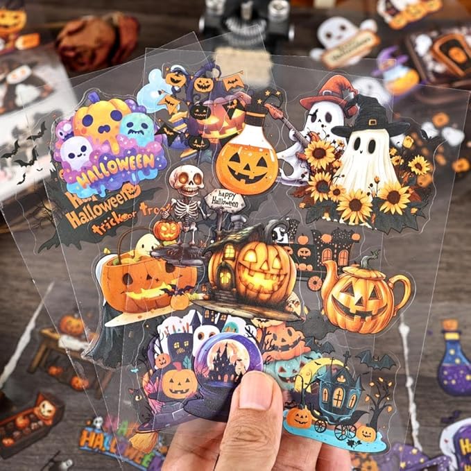 Transparent Halloween Scrapbook Stickers Book, 20 Sheets Diecut PET Stickers for Journaling, Purple Vintage Spooky Theme for Scrapbooking, Junk Journal Supplies, Planner, Bujo, Crafts Arts