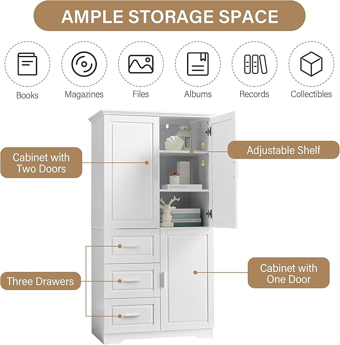 Large Storage Cabinet with 3 Doors and 3 Drawers, Freestanding Cabinet with Adjustable Shelves, Tall Modern Versatile Cupboard for Home Office Livingroom (White)