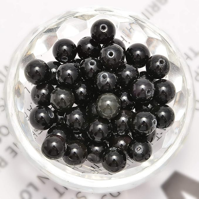 NCB 100pcs Original Natural Stone Beads Gemstone Round Loose Beads 6mm 8mm 10mm (Black Obsidian, 6mm 100Beads)