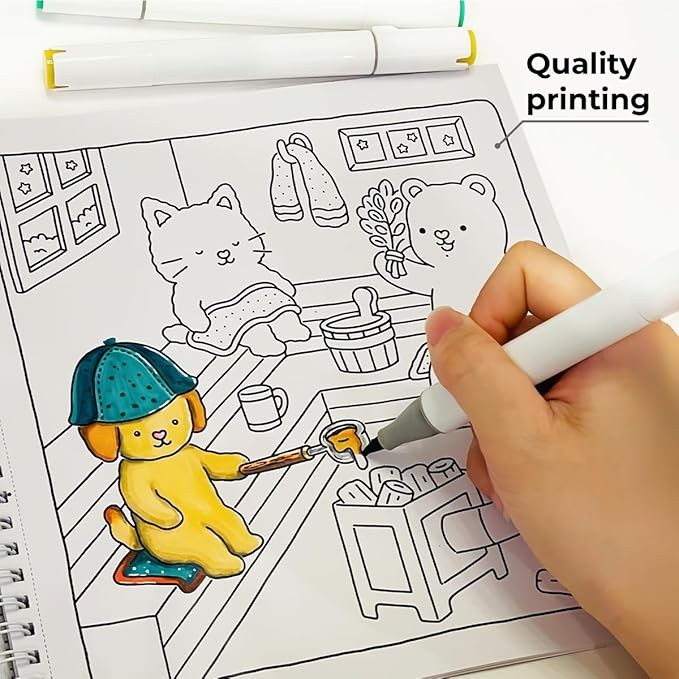 Fuzzy Hygge Coloring Book with 2 Sets of Miniature Sticker Scenes for Adults & Teens (Fuzzy Hygge)