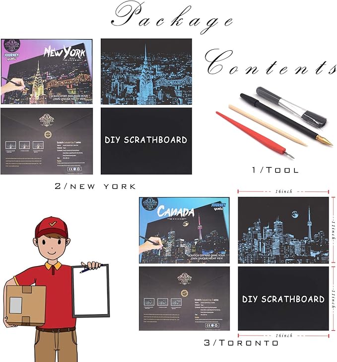 DESINIK Scratch Painting Art for Adults & Teens - 2 Sheets Rainbow Scratch Painting Kit, Scratch Painting Foil Art for Adults, Stress Relief Adult Craft Kits A3(New York & Canada)