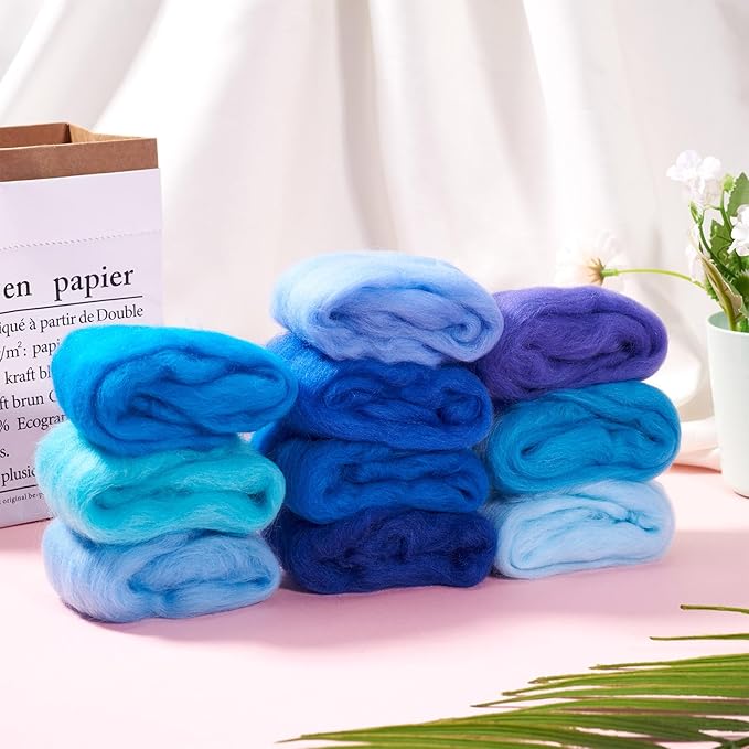 FASHEWELRY 1.76 OZ Wool Felt Kit Blue Theme Needle Felting Wool Roving 10 Colors Nature Wool Roving for Needle Felting Wet Felting DIY Hand Spinning