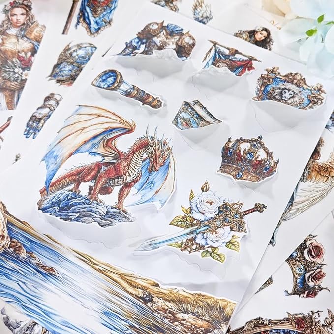 Dwpetzo Scrapbooking Sticker Book, 20 Sheets Pe-Cut PET, Washi Tape, and Craft Paper Stickers for Junk Journal Supplies, Journal Stickers for Journaling, Planner, Bujo, Collage (Sword and Shield)