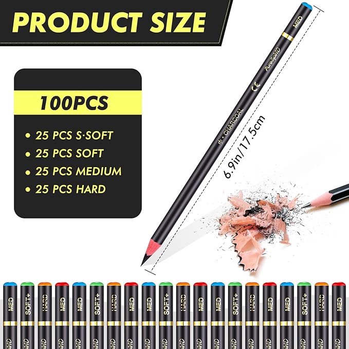 100 Pcs Charcoal Pencils Drawing Set, Charcoal Pencils bulk for Drawing Sketching Shading Blending Portrait Beginners and Artists(Black,Super Soft, Soft, Medium and Hard)