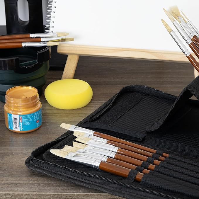 DUGATO Artist Paint Brush Set (15pc) - Short Handle Hog Bristle Brushes for Oil, Acrylic, Gouache, Watercolor - Includes Pop-Up Case, Palette Knife & Sponges - Professional Art Supplies