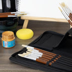 DUGATO Artist Paint Brush Set (15pc) - Short Handle Hog Bristle Brushes for Oil, Acrylic, Gouache, Watercolor - Includes Pop-Up Case, Palette Knife & Sponges - Professional Art Supplies