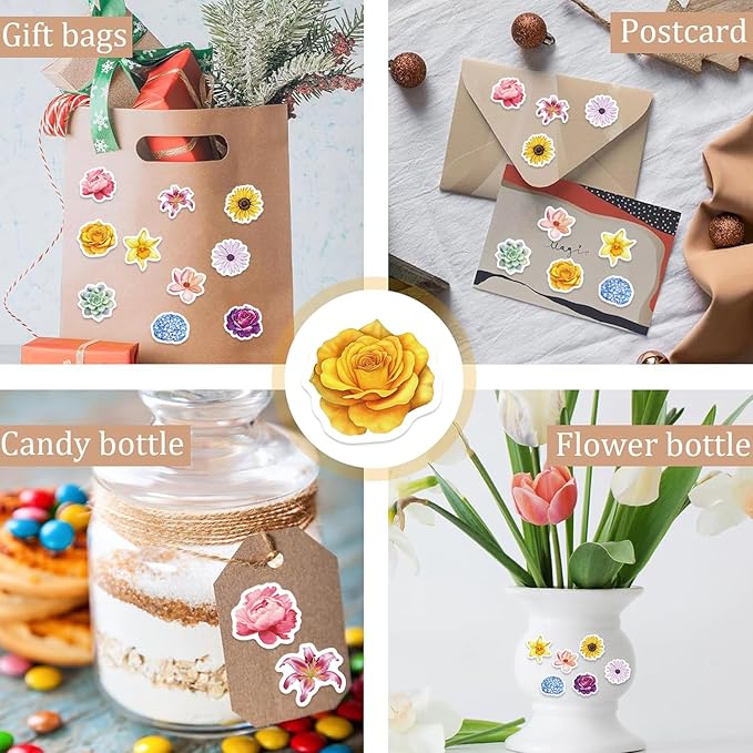 500PCS Flower Stickers 10 Styles Sticker Rolls Cartoon Flowers Stickers Flower Party Favors Waterproof Vinyl Stickers(500 Per Roll)