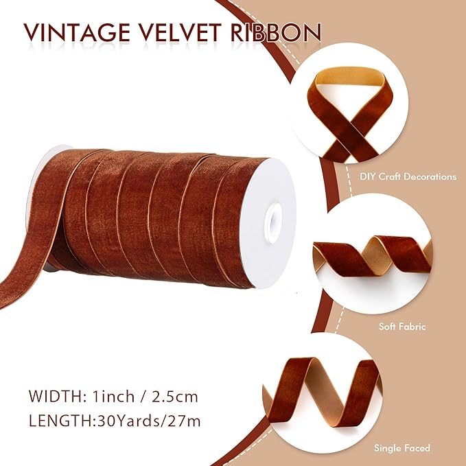 Chuangdi 1 Inch, 30 Yard Christmas Ginger Velvet Ribbon Wide Vintage Velvet Ribbons for Christmas Tree Ornaments Flower Bouquets Wedding Wreath Bow Making DIY Craft Choker