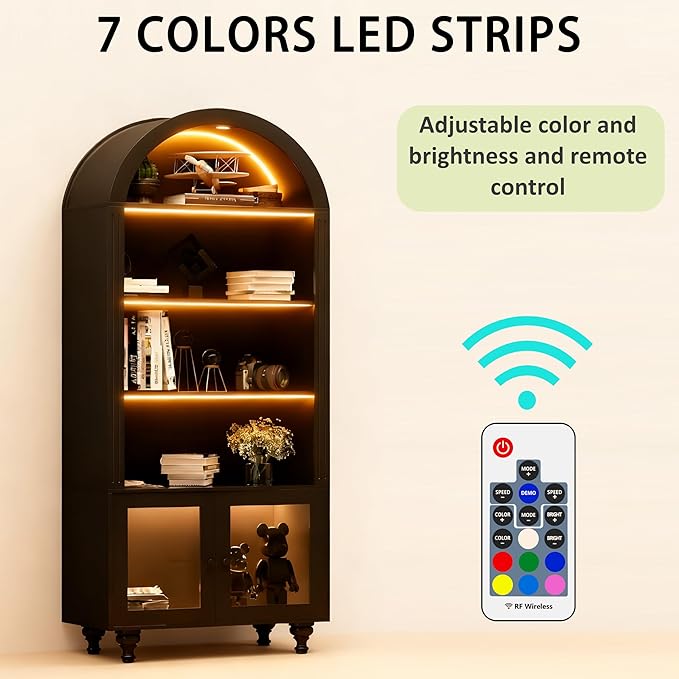Wooden Arched Display Storage Cabinet with Glass Door, LED Lights,Showcase for Collections, Perfume, Vinyl Albums, Bookcase for Home Office, Living Room, Clinic, Pantry (Black-Arched top)