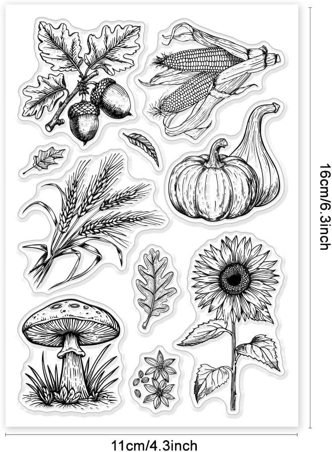 GLOBLELAND Autumn Plants Clear Stamps Pumpkin Sunflower Acorn Mushroom Silicone Clear Stamp Seals Wheat Ear Corn Transparent Stamps for DIY Scrapbooking Cards Making