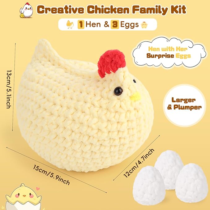 Coopay Crochet Kit for Beginners, Egg-Laying Mama Hen, Easy Chicken Crochet Kit, Chenille Yarn, Step-by-Step Video Tutorial, Cute Crochet Animals Kit for Adults, Chrismas Gifts, 1 Chicken+3 Eggs