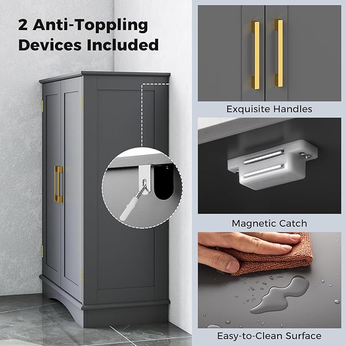 Tangkula Bathroom Floor Storage Cabinet, 31.5" H Freestanding Pantry Cabinet with 2 Doors and Adjustable Shelves, Kitchen Cupboard for Living Room, Dining Room, Bathroom (Gray, 31.5" H)