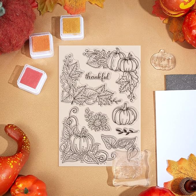 GLOBLELAND Pumpkin Corner Clear Stamp Autumn Fall Leaves Silicone Clear Stamp Thanksgiving Background Transparent Stamps for Scrapbook Journal Thanksgiving Card Making 4.3x6.3inch