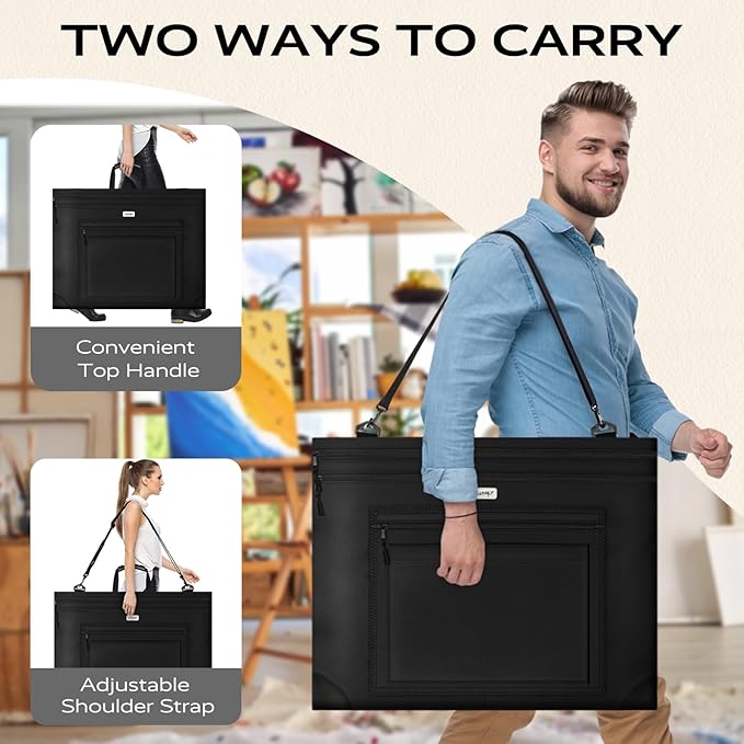 JusArt Art Portfolio Bag, 24x36 Light Weight Portfolio Folder Case with Adjustable Shoulder Strap, Leather Corners, Waterproof Art Bag for Artists and Students for Artwork, Poster, Sketching, Drawing