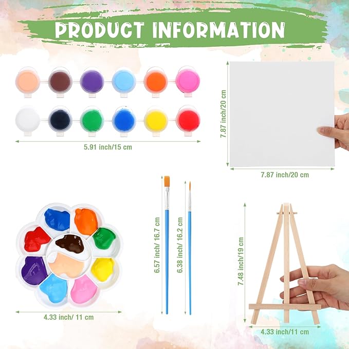 Qilery 24 Set 8 x 8 Inch Canvas Boards and Easel for Painting, Acrylic Paint Strips, Palettes, Brushes, Canvases Painting Kits for Kids Adults Artists Beginners Oil Acrylic Painting Party Favors