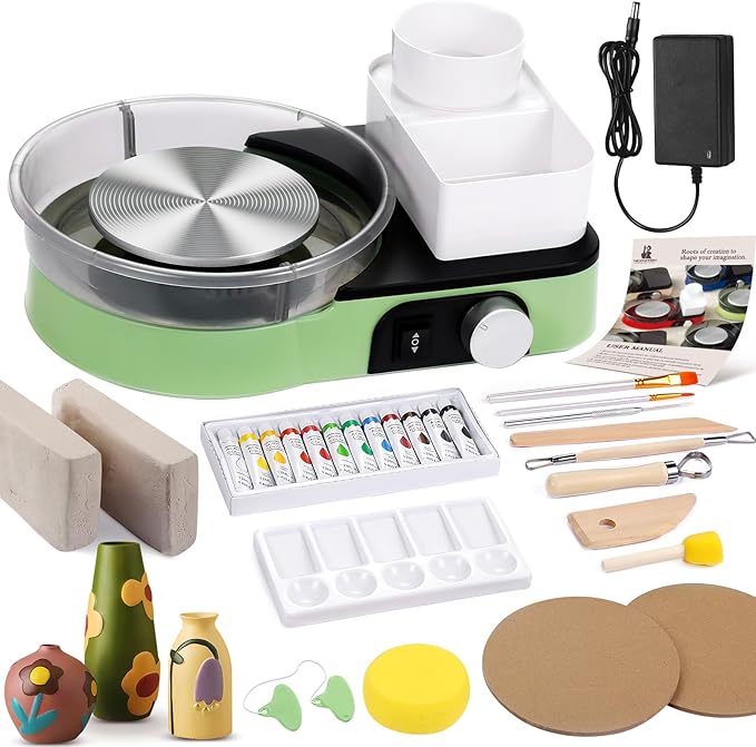 Pottery Wheel for Adults - Complete Pottery Tools Kit for Beginners, 6" Turntable Two-Way Rotation Adjustable Speed, 2.2 lbs. Air Dry Clay, Mini Clay Making Pottery Wheel with Storage Design (Green)