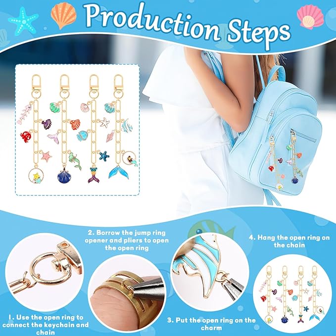 AUGSUN 189Pcs Ocean Themed Keychain Making Kit, Charm Jewelry Chain Making Crafts Including 60 Summer Beach Charms 12 Keychain Clips Hooks 15 Extender Chains 100 Jump Ring and Jewelry Plier