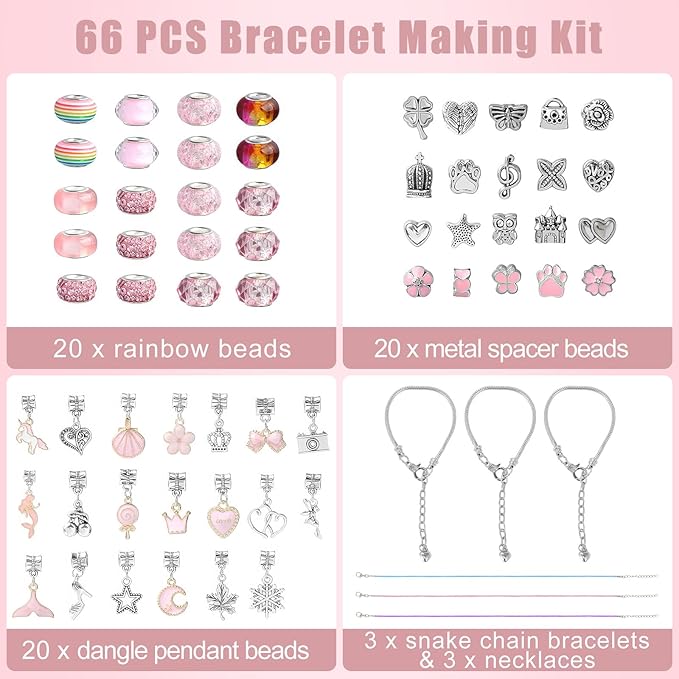 Emibele Girls Charm Beads Bracelet Making Kit with Portable Jewelry Box, Jewelry Making Kit for Kids Age 5 6 7 8-12, DIY Arts Crafts Toys for Teens Girls Gift Choices on Birthday Valentines Christmas