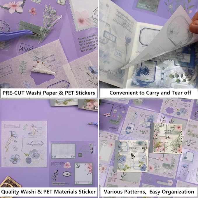 40 Sheets Sticker Book for Adults Journaling, Washi and PET Materials, Ephemera Aesthetic Stickers for Junk Journals, Bujo, Planners