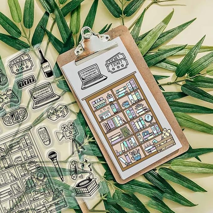 CHGCRAFT Leisure Games Clear Stamps Bookshelf Record Player Stamps Silicone Stamps Transparent Paper Craft Stamps for Journaling Card Making DIY Scrapbooking Handmade Photo Album Notebook