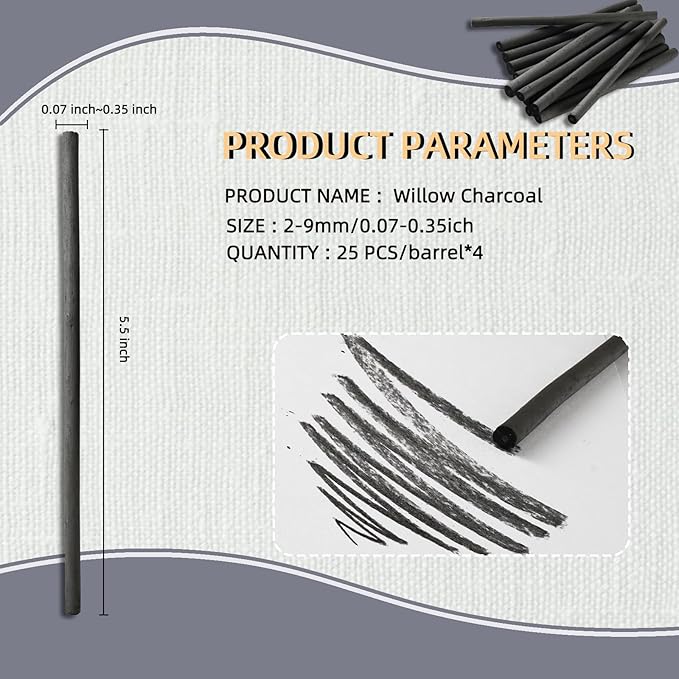 100 PCS Willow Charcoal Sticks, Ideal for Artists, Beginners, Students, Perfect for Sketching, Drawing, Shading, and Fine Art, 5.7 Inches Long, 2-4*25,4-5*25,5-7*25,7-9*25 (2-4,4-5,5-7,7-9)