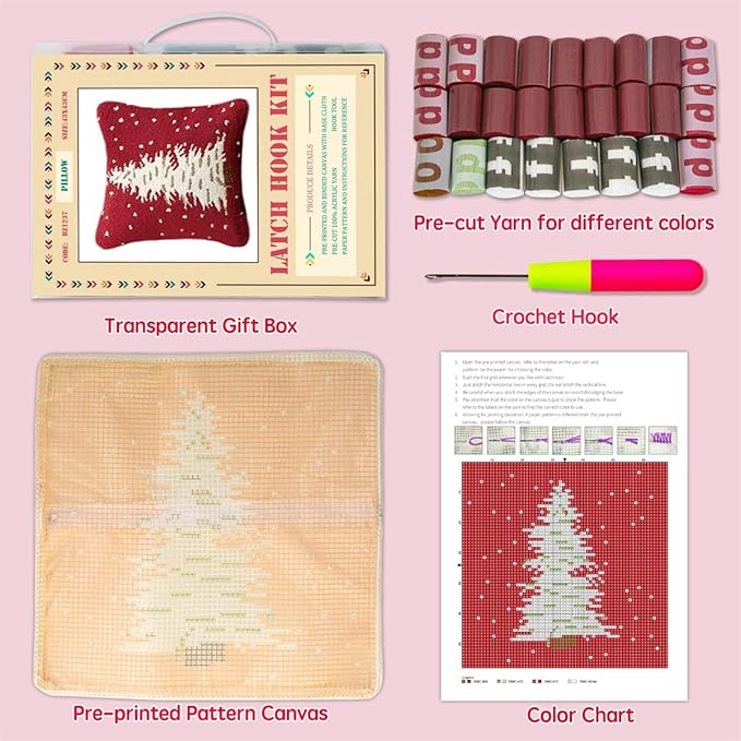 DL-YTG Latch Hook Kits Pillow Christmas Tree Crochet Yarn Cushion Colour Pre-Printed Canvas Rug Needlework DIY Pillowcase Hook and Latch Kit Home Arts Crafts Sofa Decoration 42x42cm/16X16inch