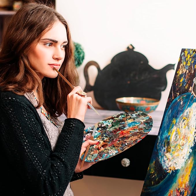 DUGATO Artist Paint Brush Set (15pc) - Short Handle Hog Bristle Brushes for Oil, Acrylic, Gouache, Watercolor - Includes Pop-Up Case, Palette Knife & Sponges - Professional Art Supplies