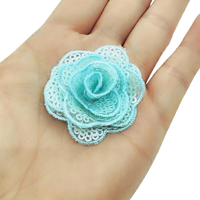 5 PC Rose Flower Sequins Lace Embroidery Patch Applique Trim Wedding Dress DIY Sewing Craft Clothes Applique, 1.6 Inch, Light Blue