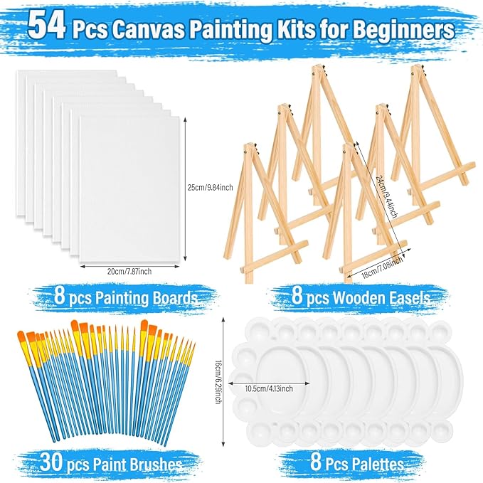 54 Pack Canvas with Easel Set 8 x 10 Inch Canvas Boards with Wooden Easels, Paint Brushes Canvas Panel Painting Kit for Acrylic Oil Watercolor Beginners Art Crafts Sip and Paint Party