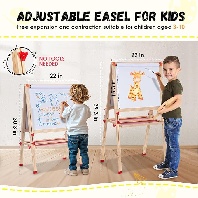 Double Sided Foldable Easel for Kids Adjustable Height Wooden Art Station with Paper Roll and Accessories Ideal Gift for Toddlers Boys Girls Ages 3 4 5 6 7 8 Years Old