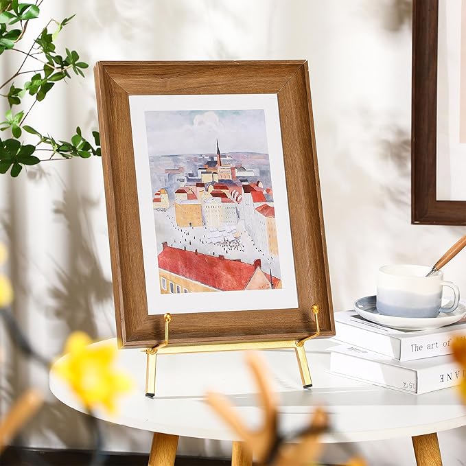 Leinuosen 1 Pcs Metal Easel Stand 16.5" H x 8.7" W x 4.3" D Table Top Easel Stand for Display Tripod Art Picture Mirror Modern Plate Holder for Display Book Photo Wedding Sign (Gold)