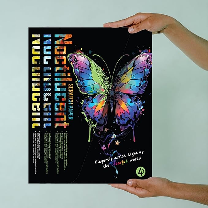 Georgie Porgy Scratch Paper Art Set for Kids Adults Magic Rainbow Painting Boards for DIY Arts and Crafts Kits Christmas Birthday Gift with Scratching Tools Kit (Glow in The Dark Butterfly + Whale)