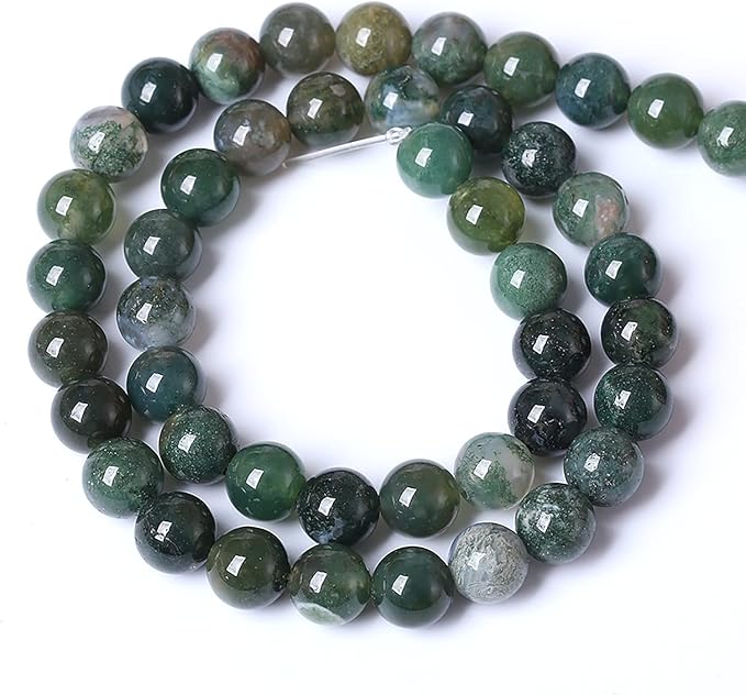 45PCS 8mm Natural Green Moss Agate Beads Gemstone Round Loose Spacer Beads for Jewelry Making DIY Bracelet Necklace Earrings 15" Inch