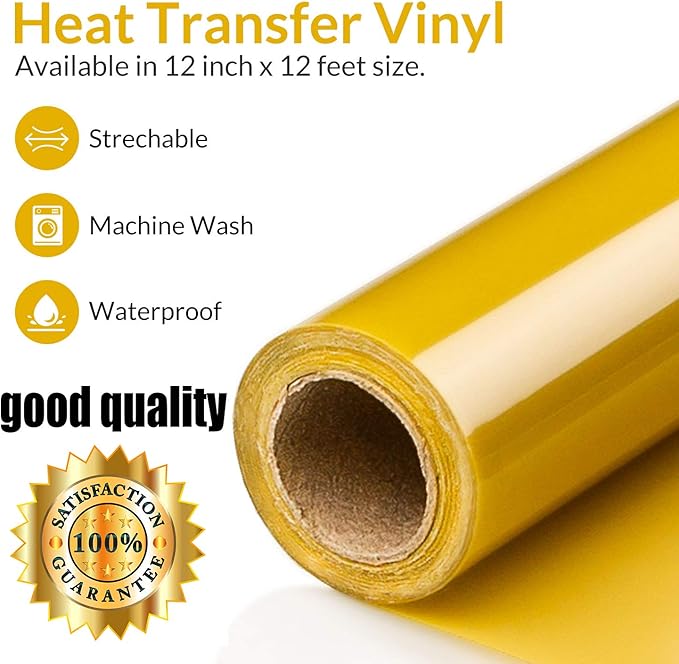 HTV Golden Heat Transfer Vinyl Rolls 12 Inch by 8feet Roll Iron on DIY for T-Shirt Easy to Cut & Weed for Heat Vinyl Design Glossy (8Ft, Golden)